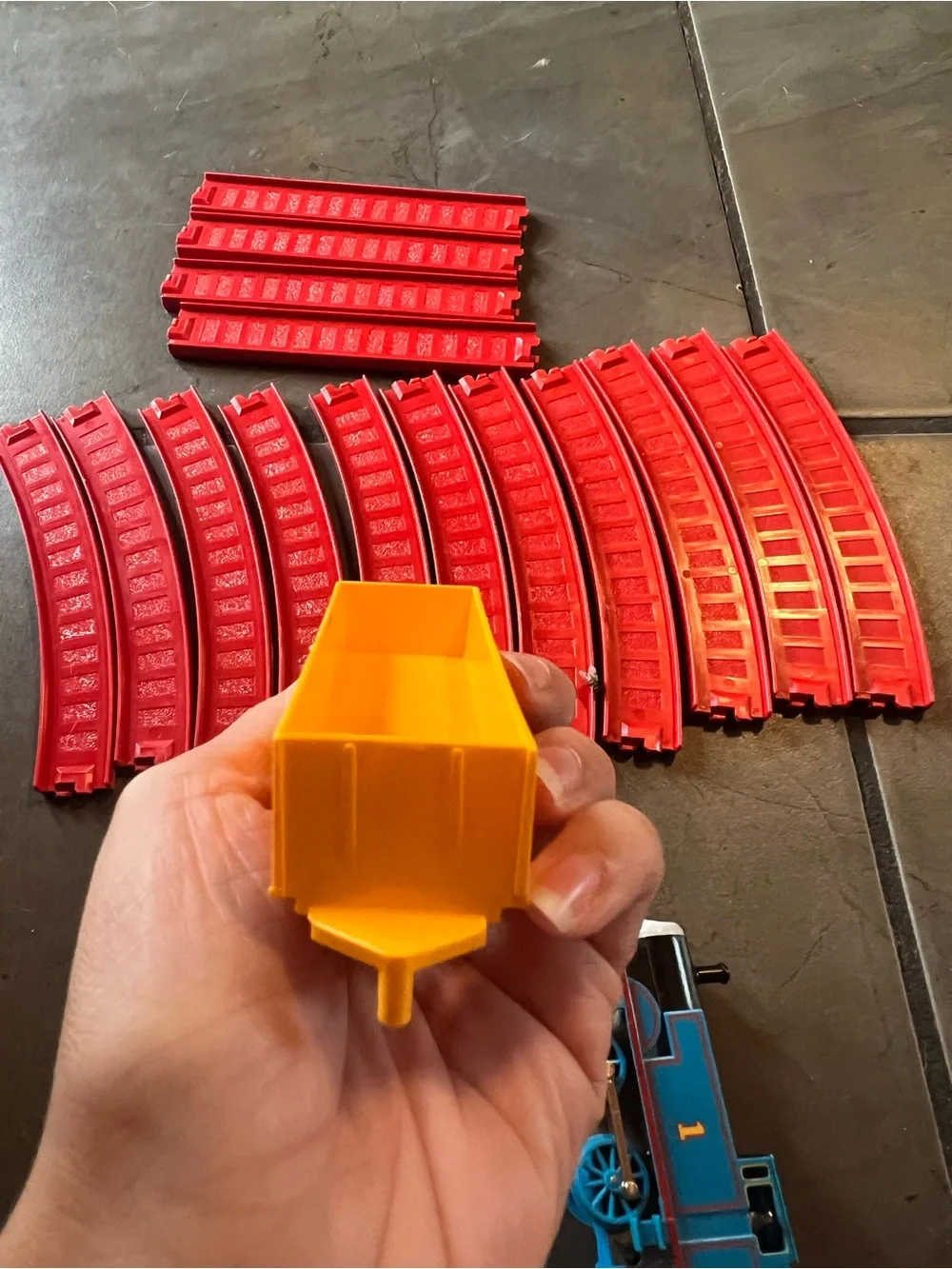 Thomas & Friends Blue Engine with Red Track Sections and Yellow Cart